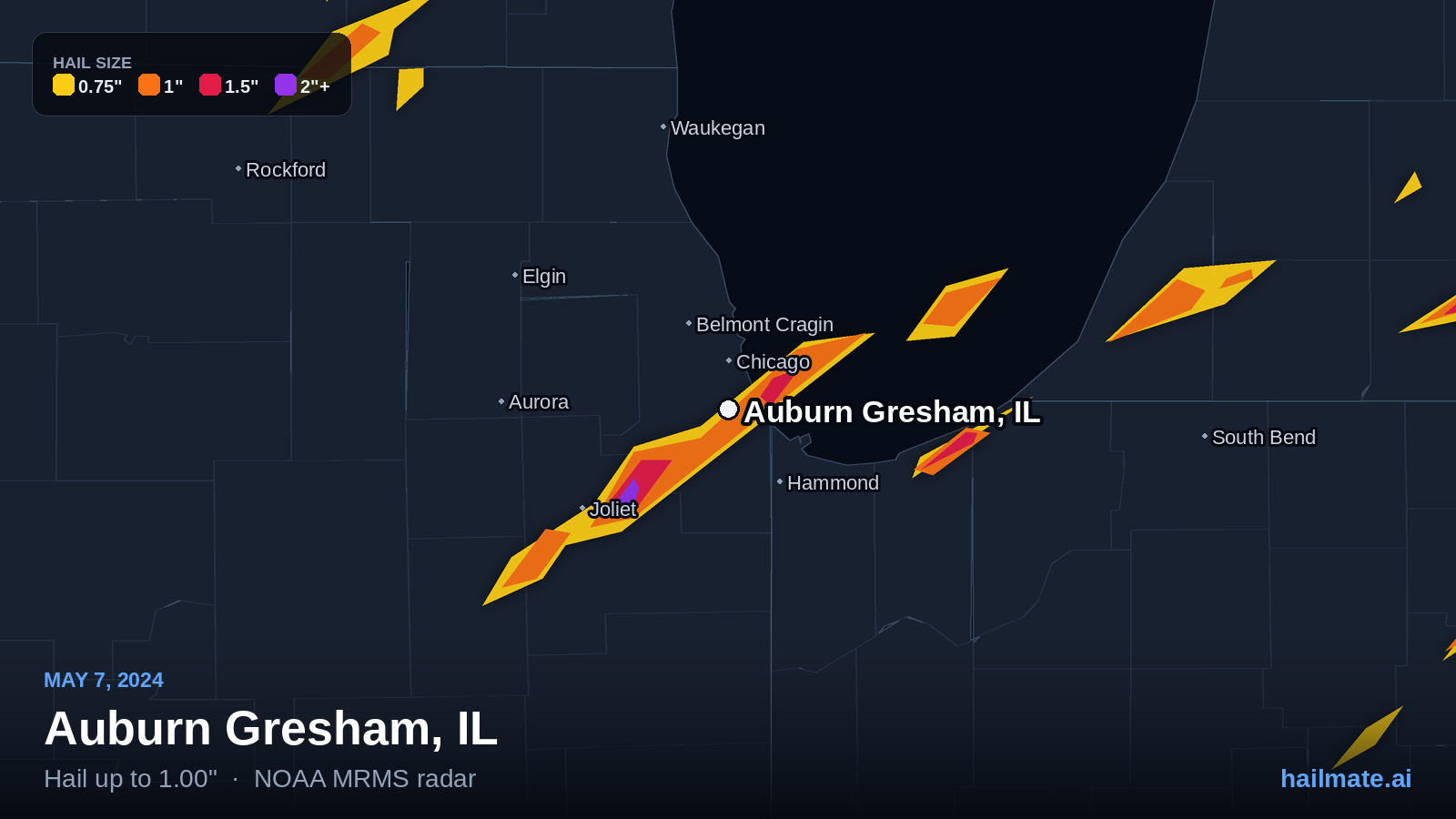 Hail swath map for Auburn Gresham, IL on May 7, 2024 showing 1.00 inch hail.