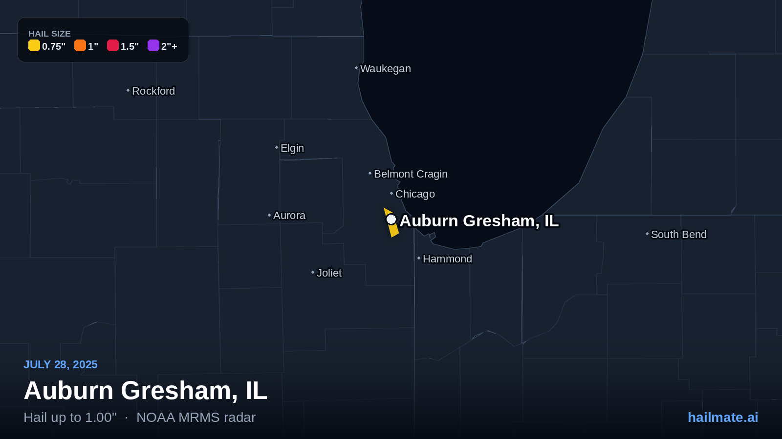 Hail swath map for Auburn Gresham, IL on July 28, 2025 showing 1.00 inch hail.