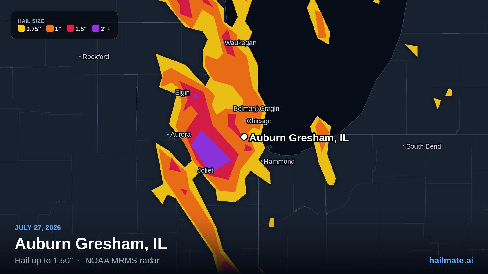 Hail swath map for Auburn Gresham, IL on July 27, 2026 showing 1.50 inch hail.