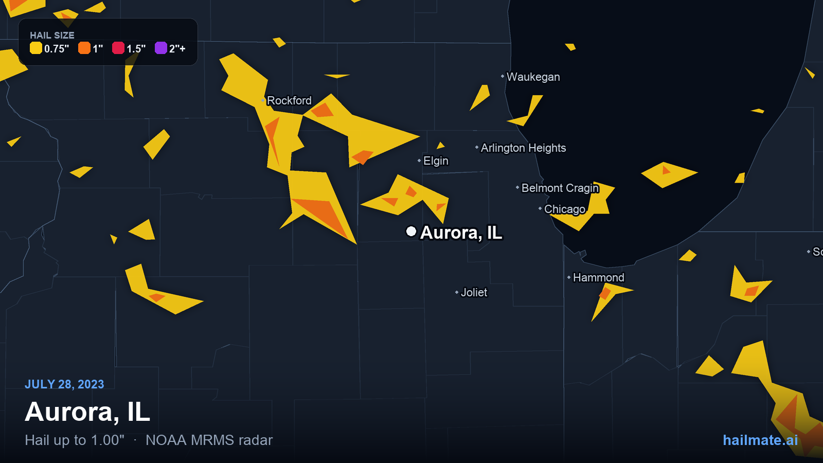 Hail swath map for Aurora, IL on July 28, 2023 showing 1.00 inch hail.
