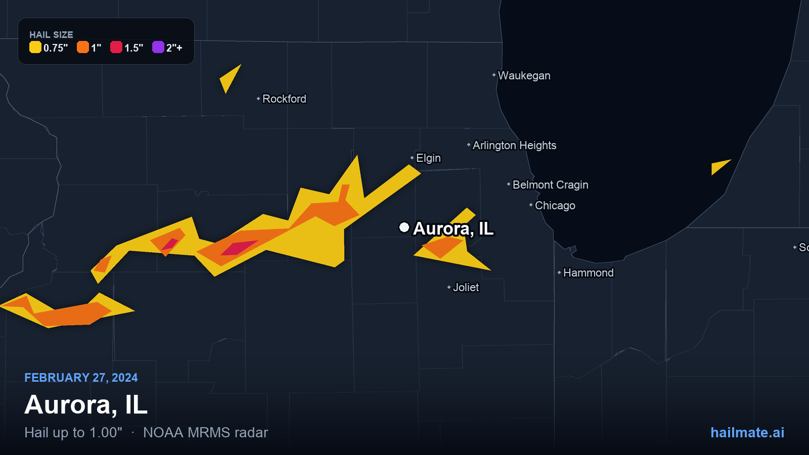 Hail swath map for Aurora, IL on February 27, 2024 showing 1.00 inch hail.