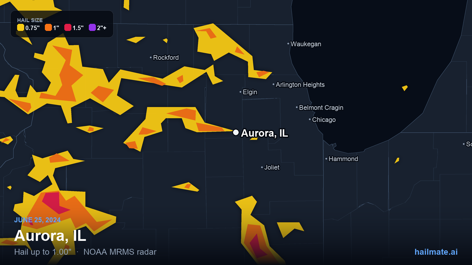 Hail swath map for Aurora, IL on June 25, 2024 showing 1.00 inch hail.