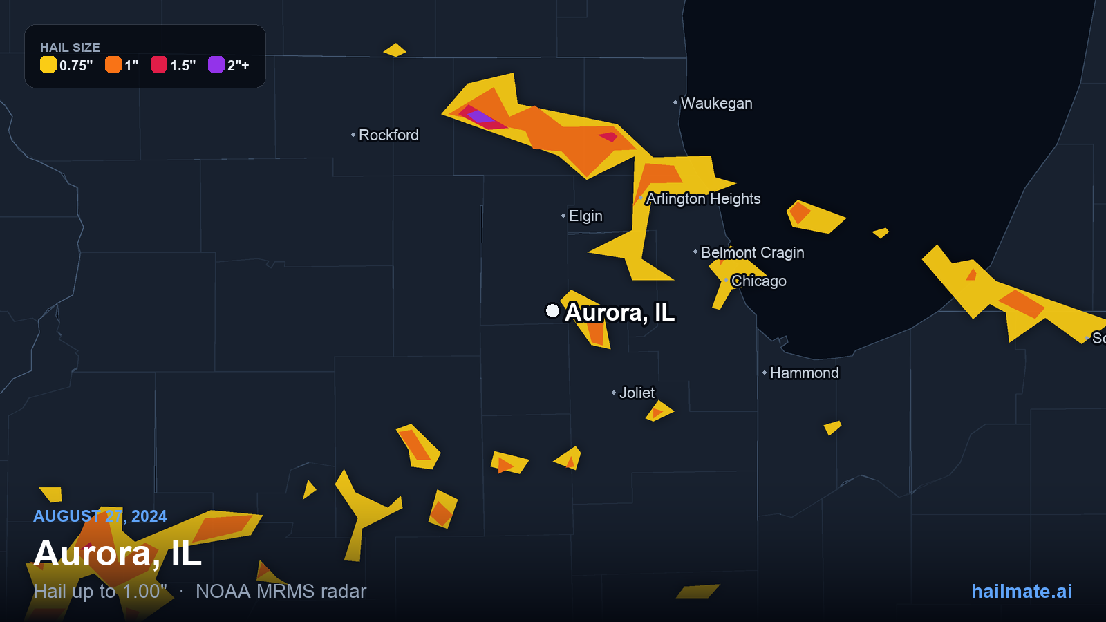 Hail swath map for Aurora, IL on August 27, 2024 showing 1.00 inch hail.