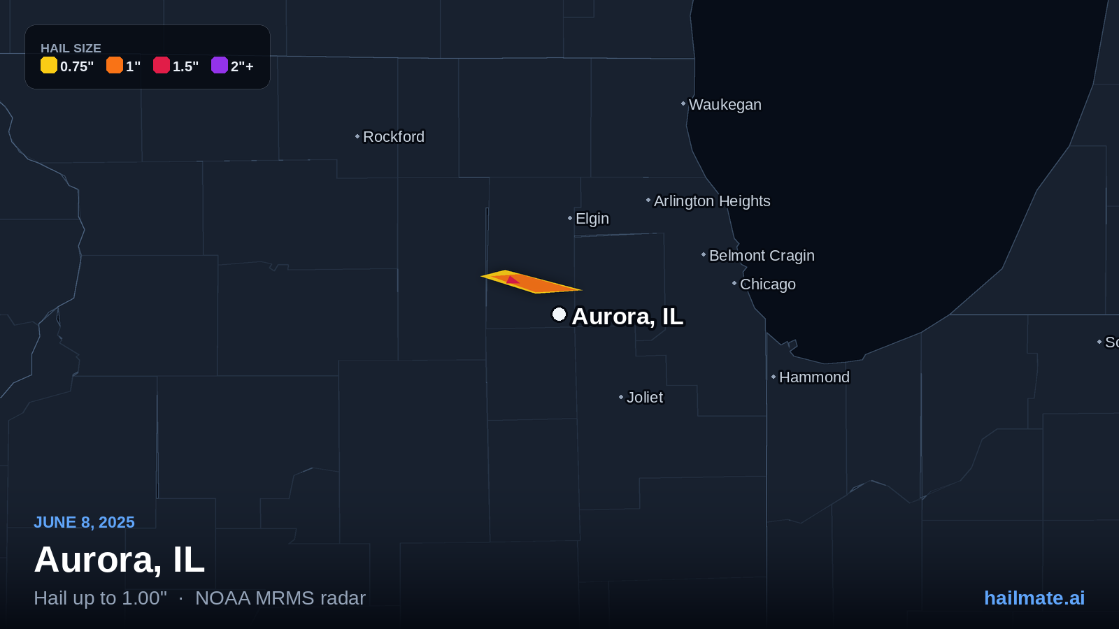 Hail swath map for Aurora, IL on June 8, 2025 showing 1.00 inch hail.