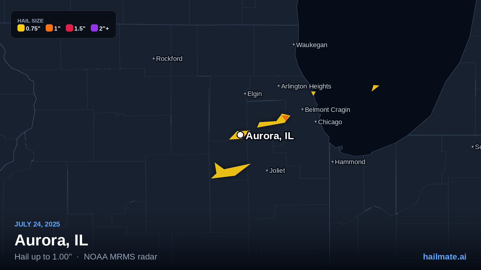 Hail swath map for Aurora, IL on July 24, 2025 showing 1.00 inch hail.