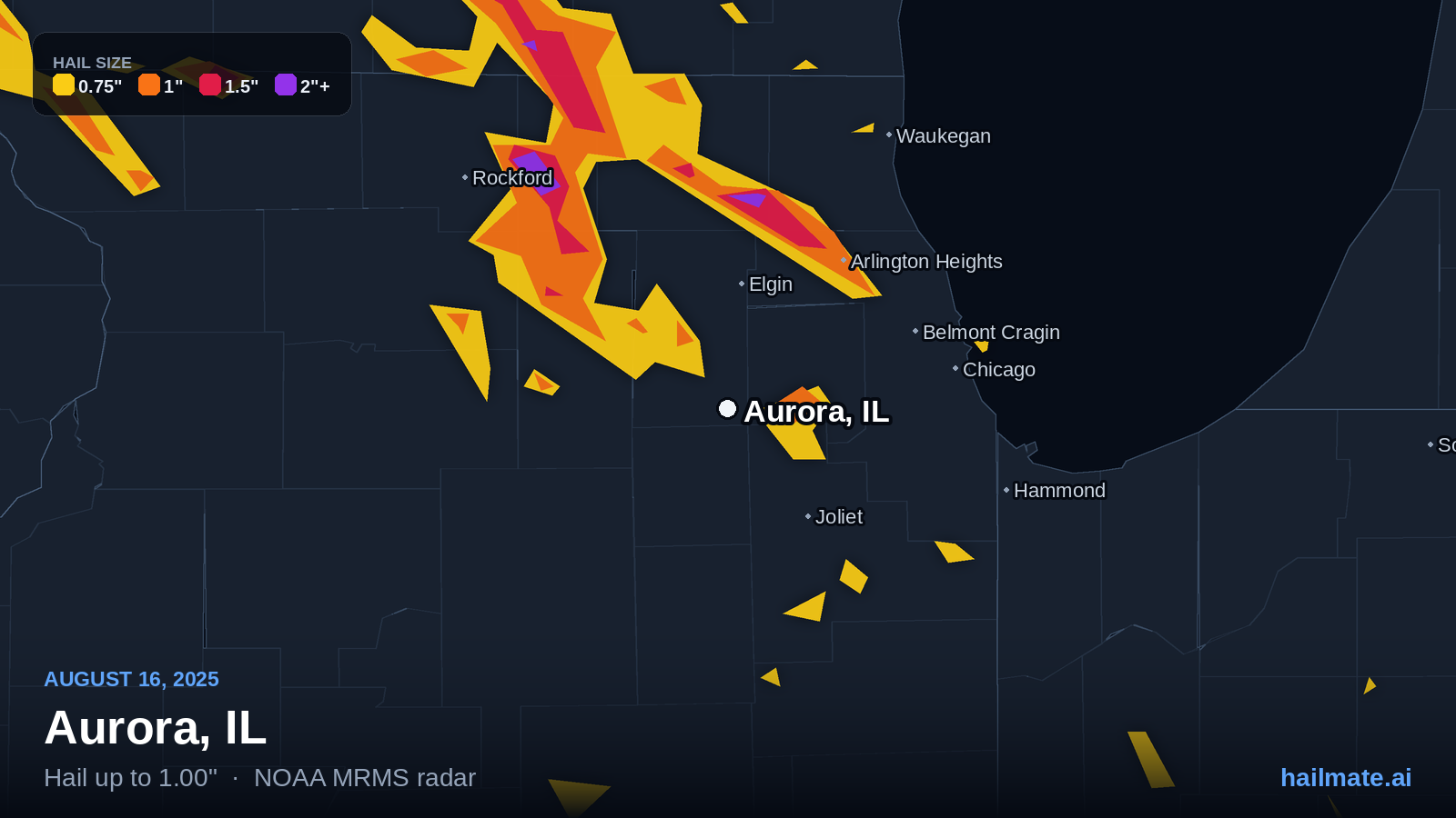 Hail swath map for Aurora, IL on August 16, 2025 showing 1.00 inch hail.