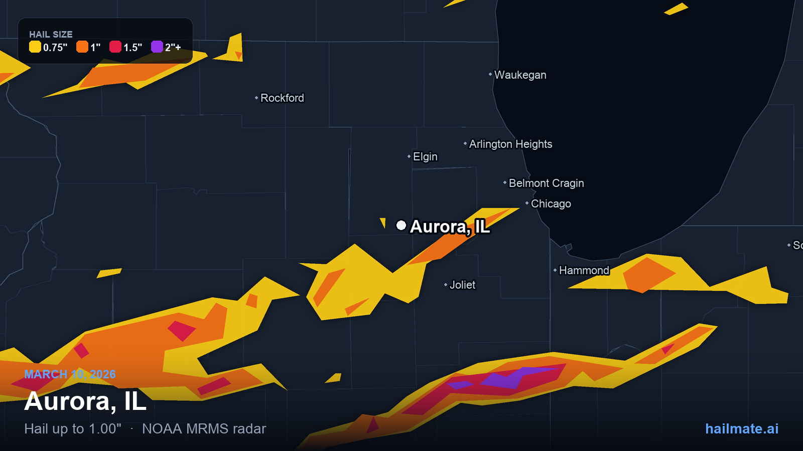Hail swath map for Aurora, IL on March 10, 2026 showing 1.00 inch hail.