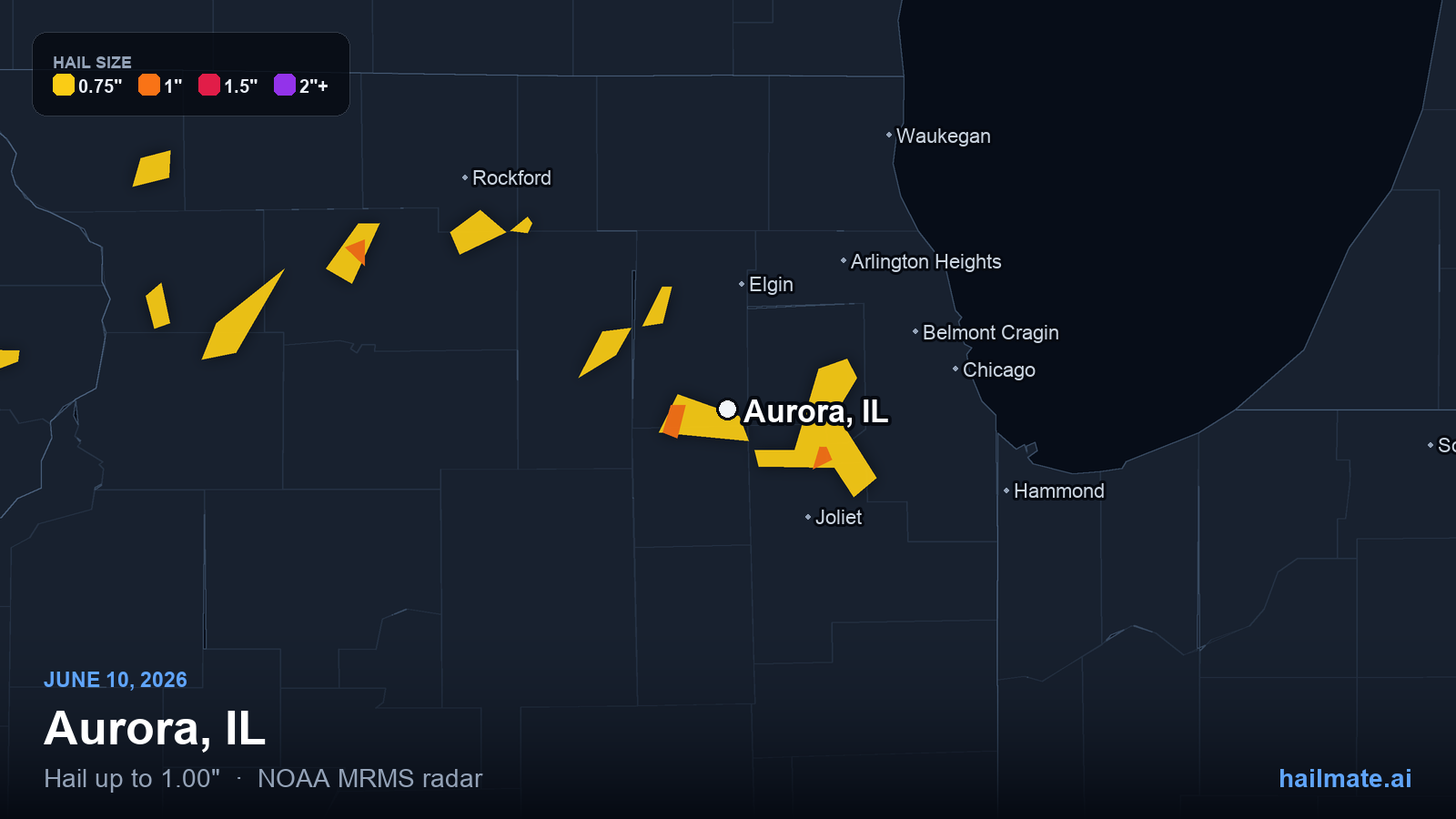 Hail swath map for Aurora, IL on June 10, 2026 showing 1.00 inch hail.