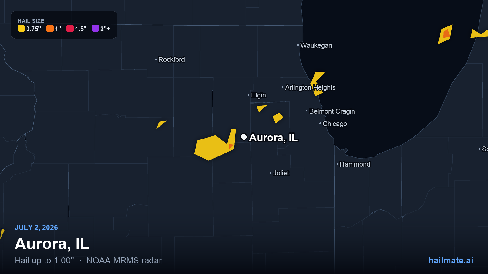 Hail swath map for Aurora, IL on July 2, 2026 showing 1.00 inch hail.
