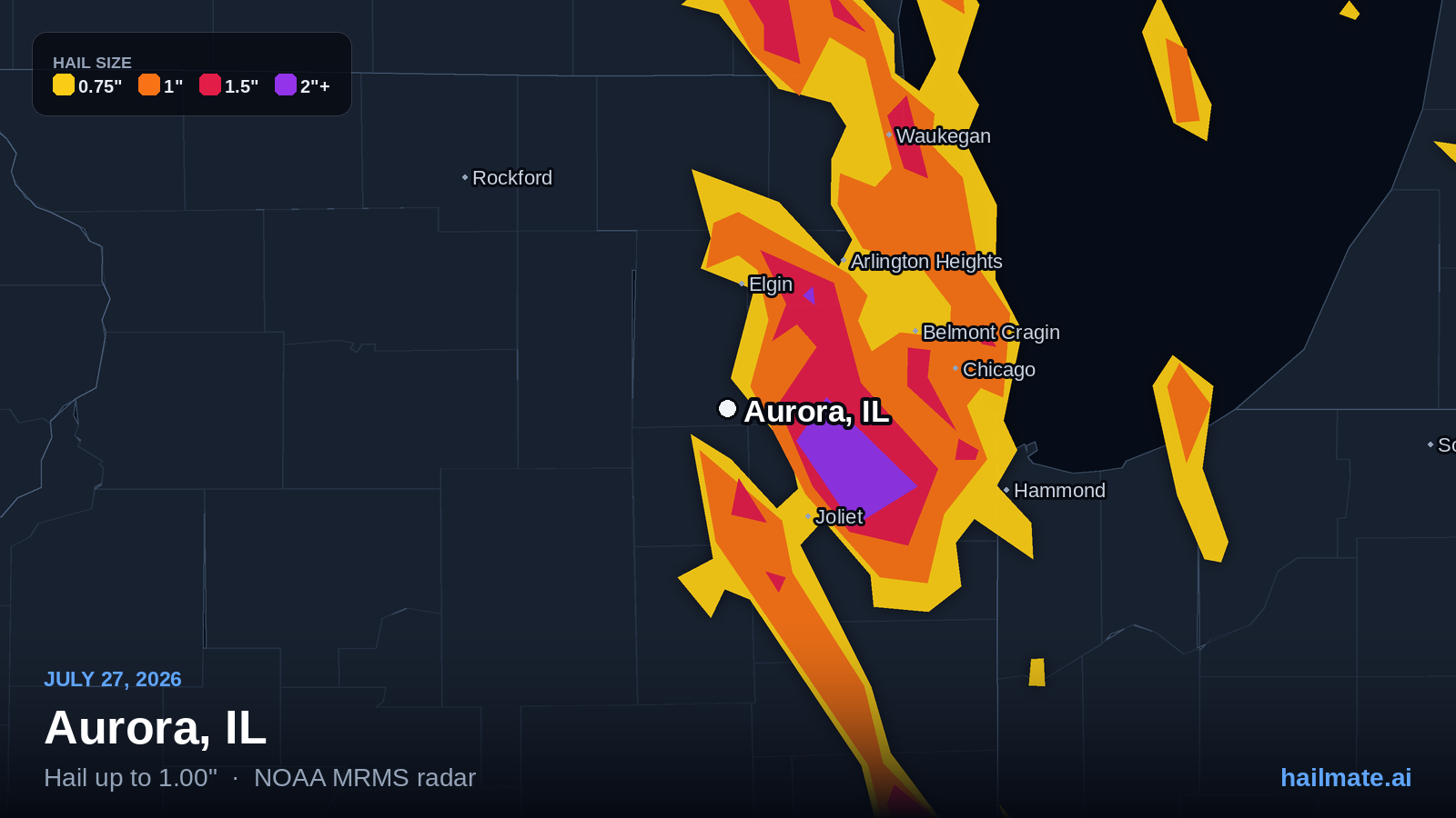Hail swath map for Aurora, IL on July 27, 2026 showing 1.00 inch hail.