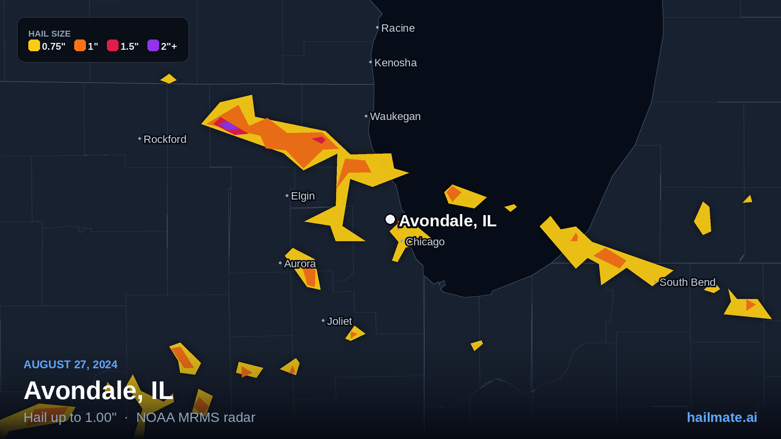 Hail swath map for Avondale, IL on August 27, 2024 showing 1.00 inch hail.