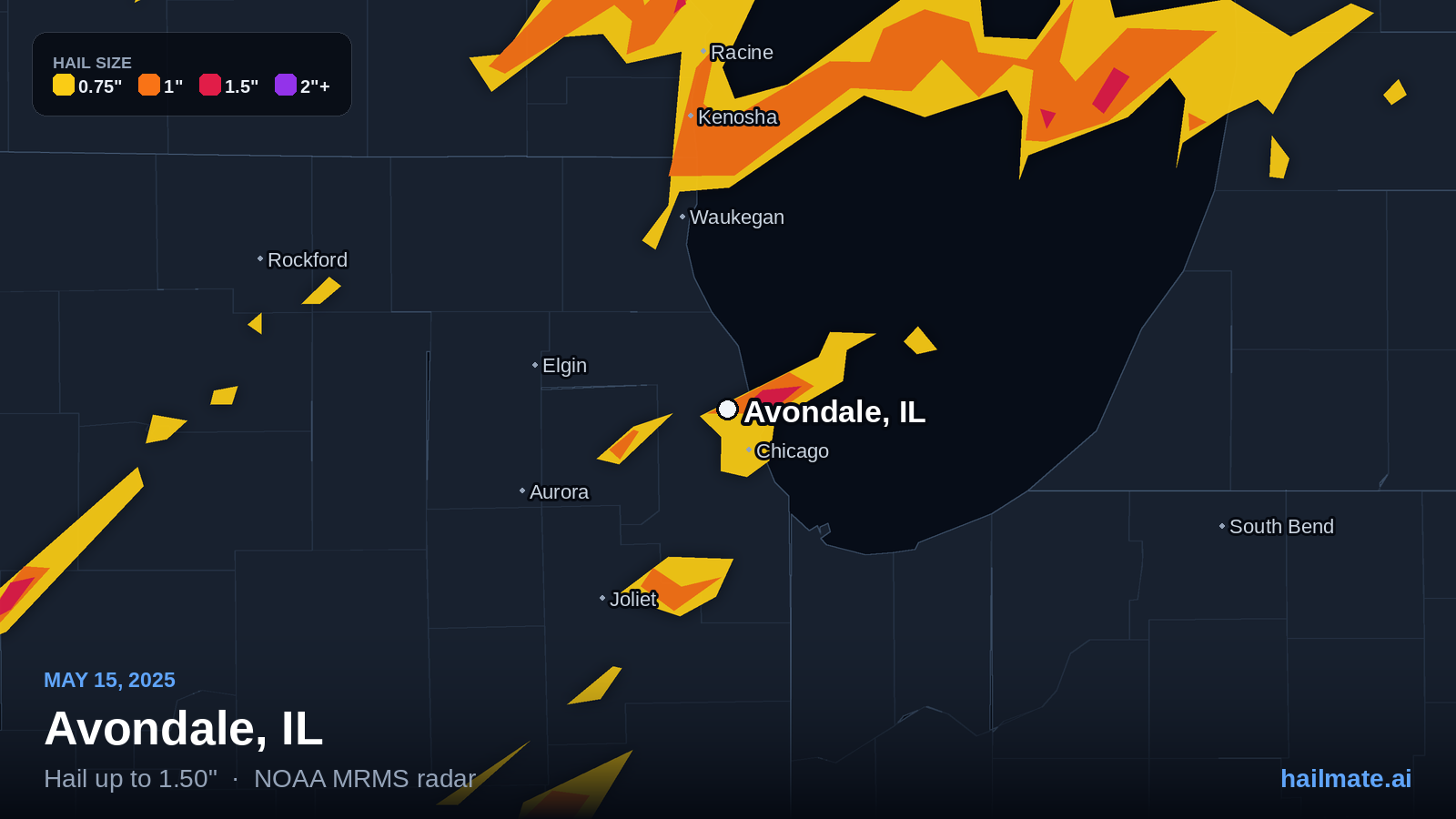 Hail swath map for Avondale, IL on May 15, 2025 showing 1.50 inch hail.
