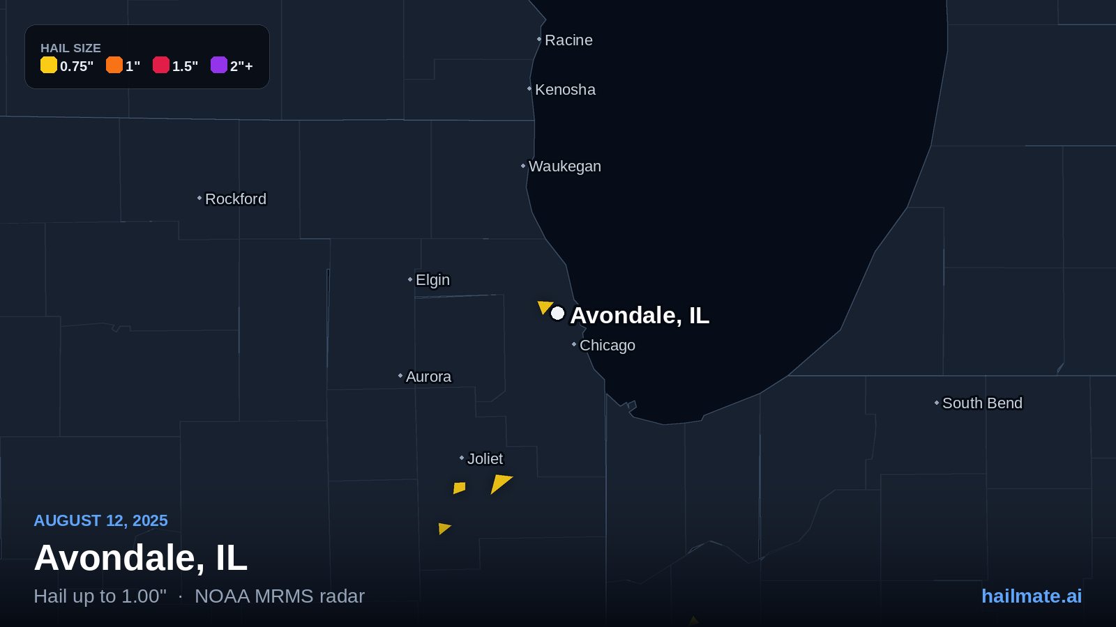 Hail swath map for Avondale, IL on August 12, 2025 showing 1.00 inch hail.