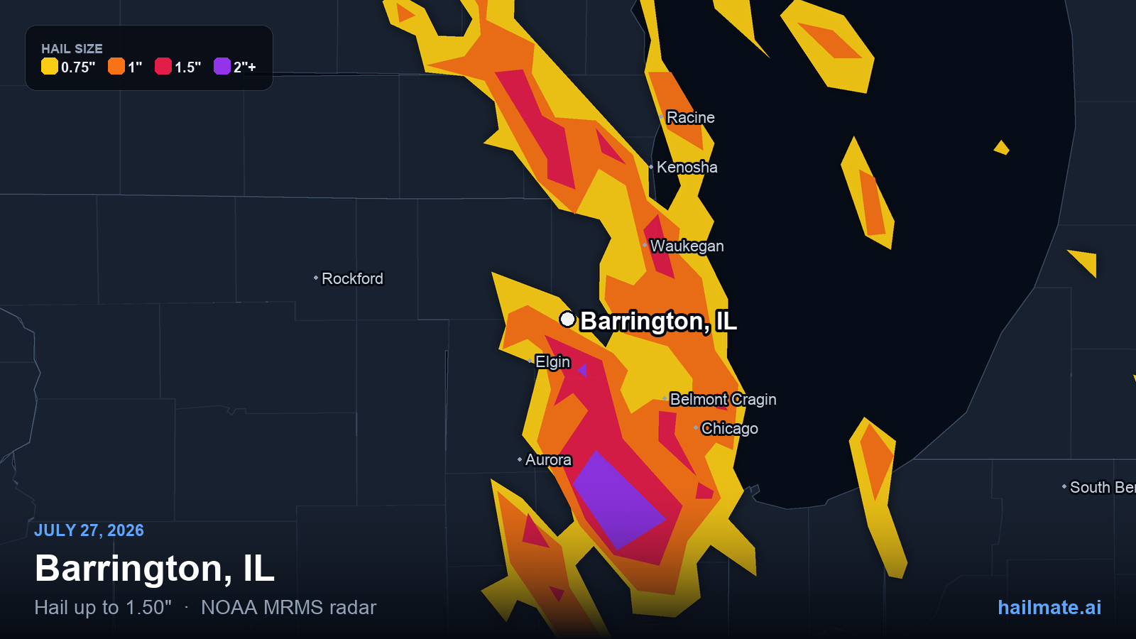 Hail swath map for Barrington, IL on July 27, 2026 showing 1.50 inch hail.