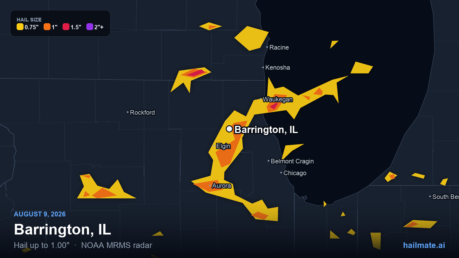 Hail swath map for Barrington, IL on August 9, 2026 showing 1.00 inch hail.