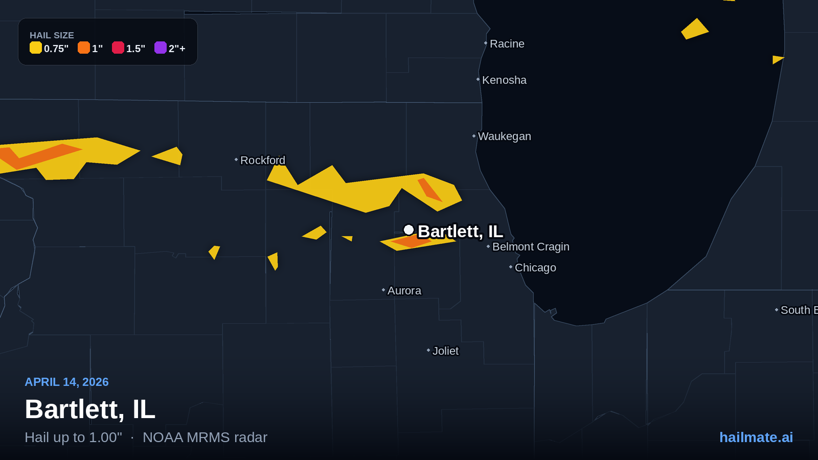 Hail swath map for Bartlett, IL on April 14, 2026 showing 1.00 inch hail.