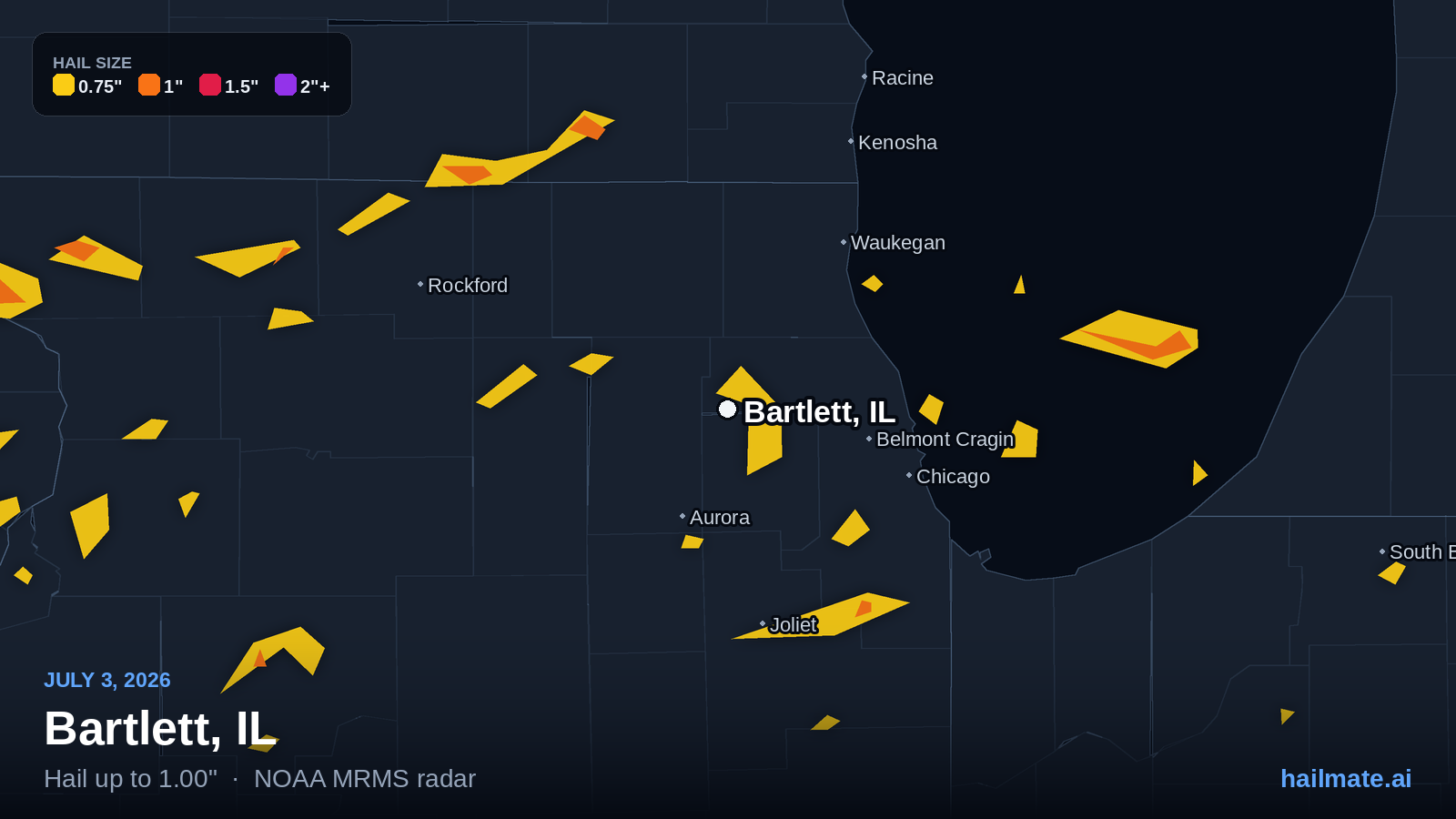 Hail swath map for Bartlett, IL on July 3, 2026 showing 1.00 inch hail.