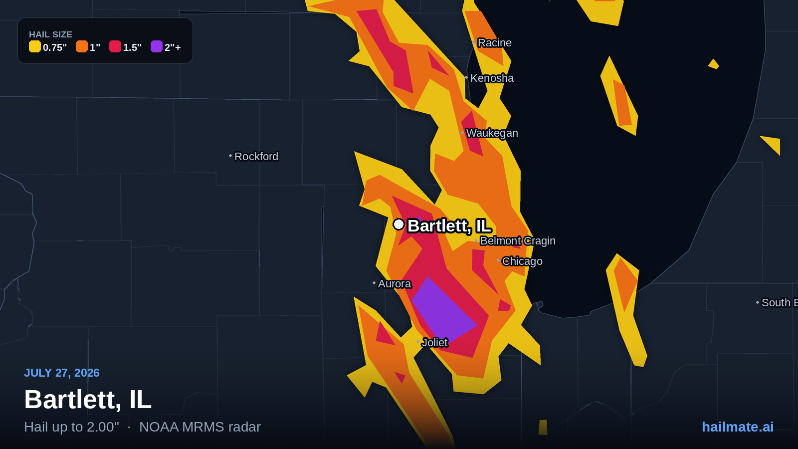 Hail swath map for Bartlett, IL on July 27, 2026 showing 2.00 inch hail.