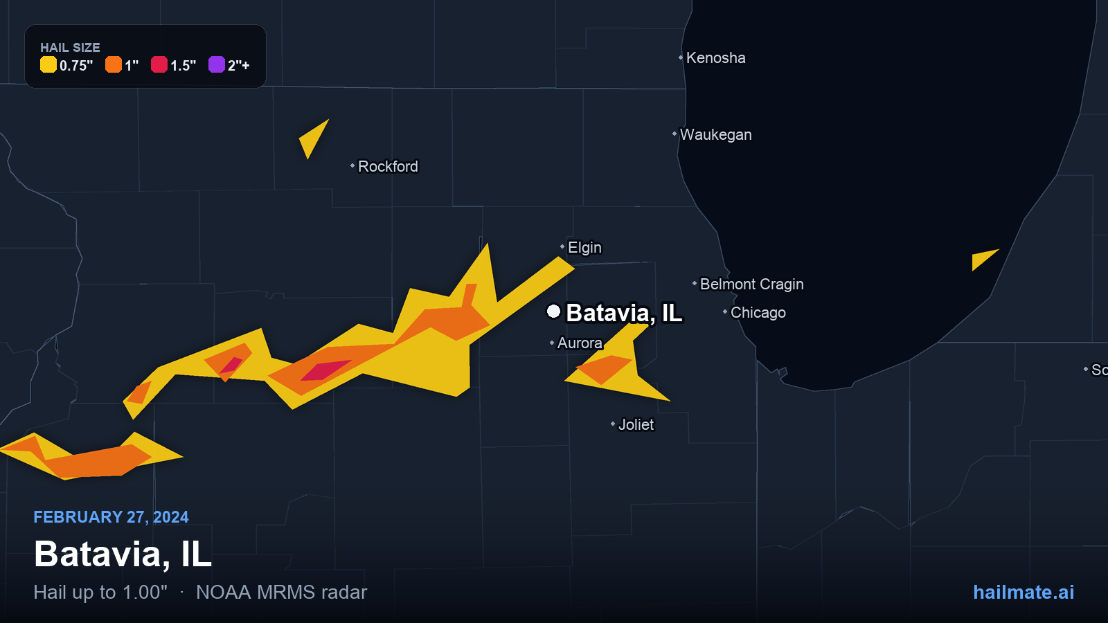 Hail swath map for Batavia, IL on February 27, 2024 showing 1.00 inch hail.