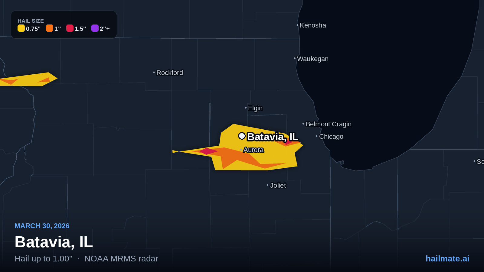 Hail swath map for Batavia, IL on March 30, 2026 showing 1.00 inch hail.