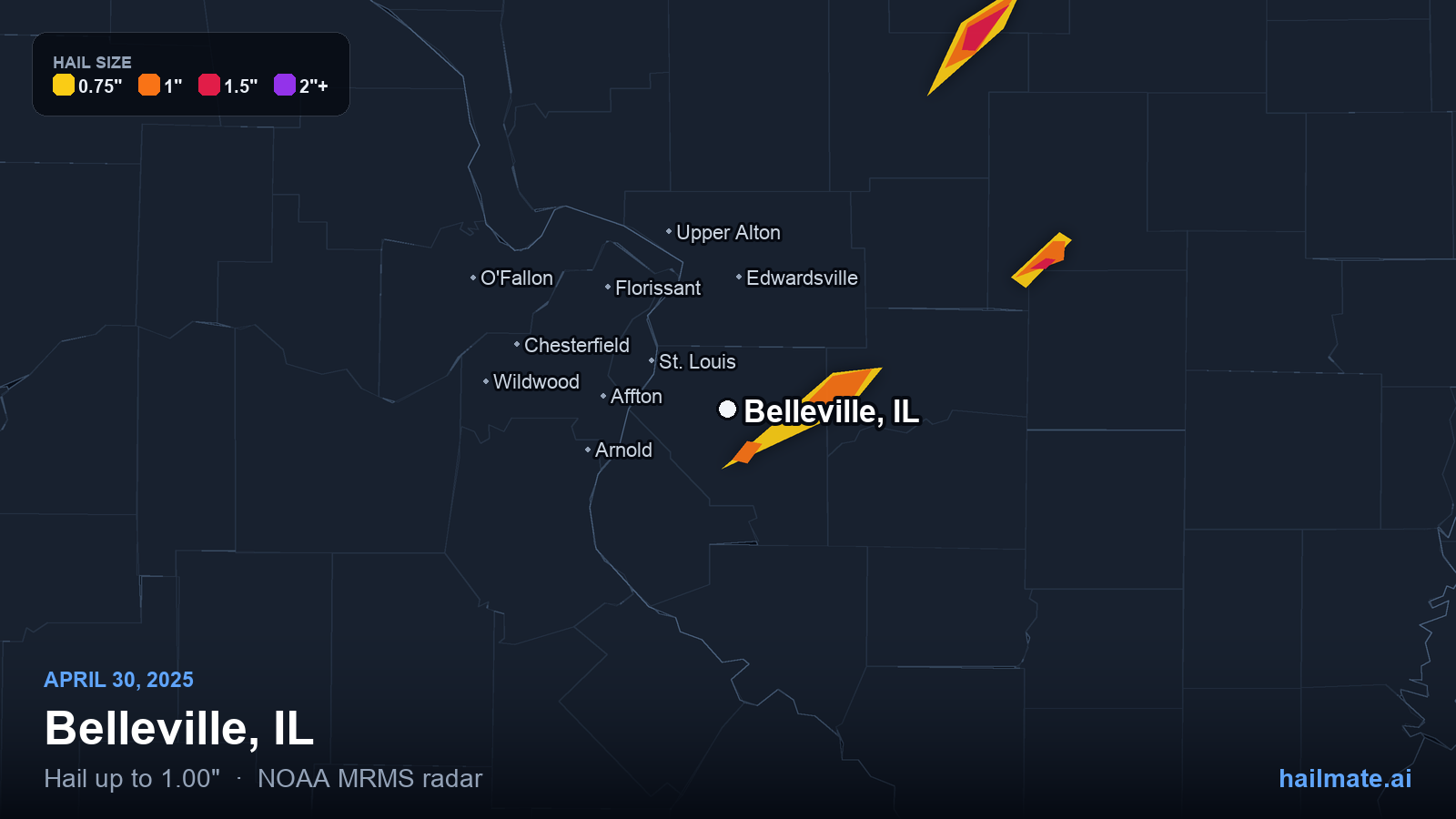 Hail swath map for Belleville, IL on April 30, 2025 showing 1.00 inch hail.