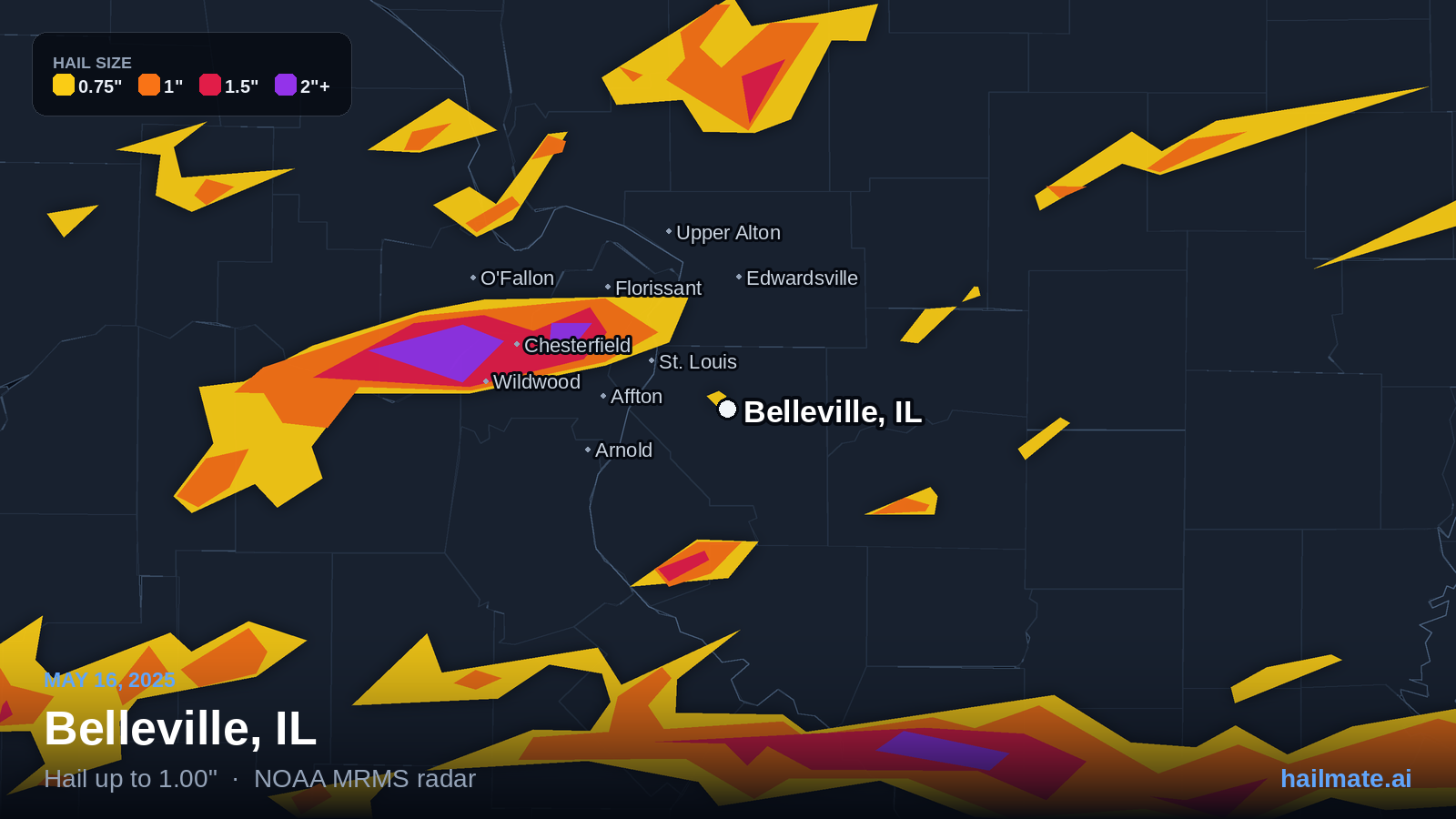 Hail swath map for Belleville, IL on May 16, 2025 showing 1.00 inch hail.