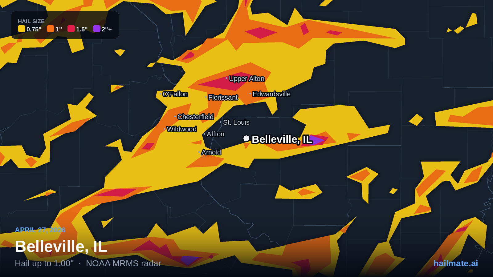 Hail swath map for Belleville, IL on April 27, 2026 showing 1.00 inch hail.