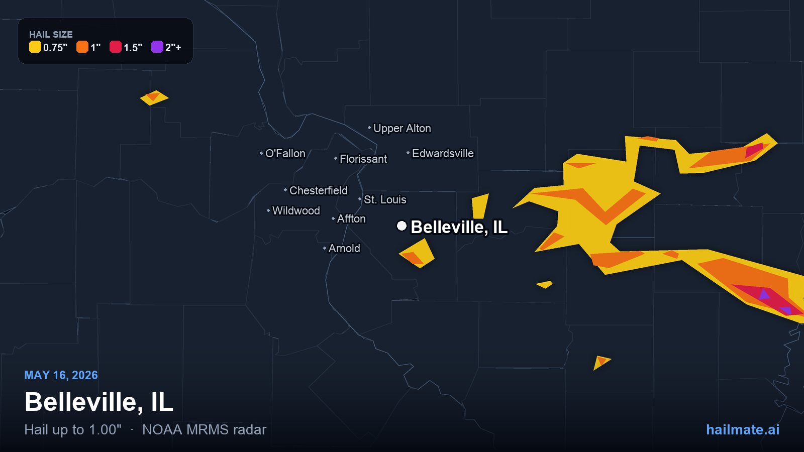 Hail swath map for Belleville, IL on May 16, 2026 showing 1.00 inch hail.