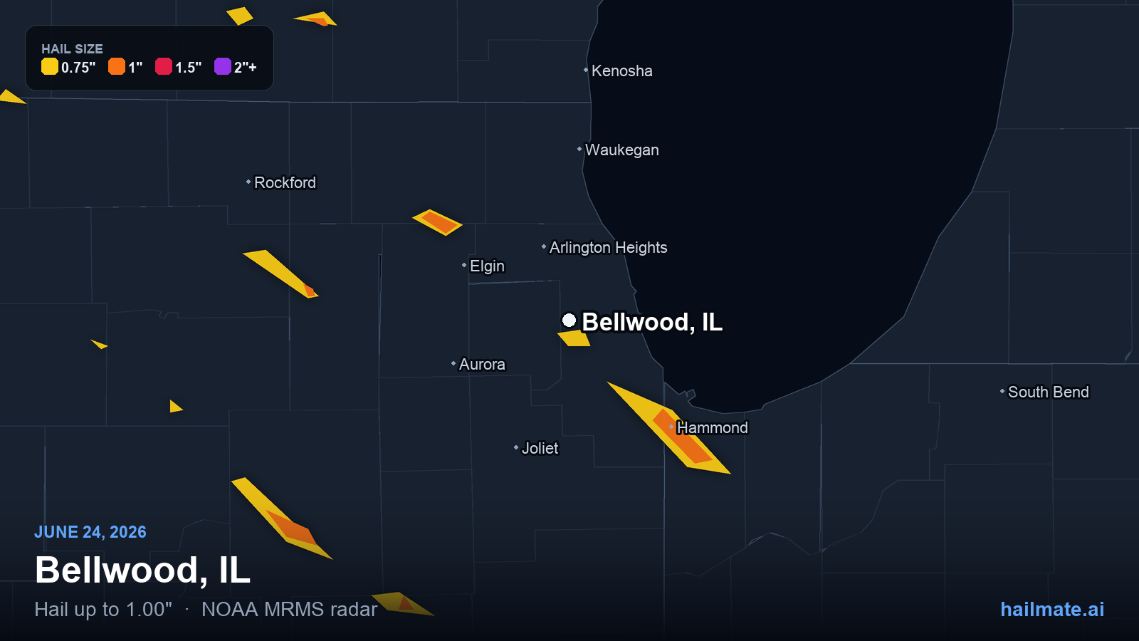 Hail swath map for Bellwood, IL on June 24, 2026 showing 1.00 inch hail.