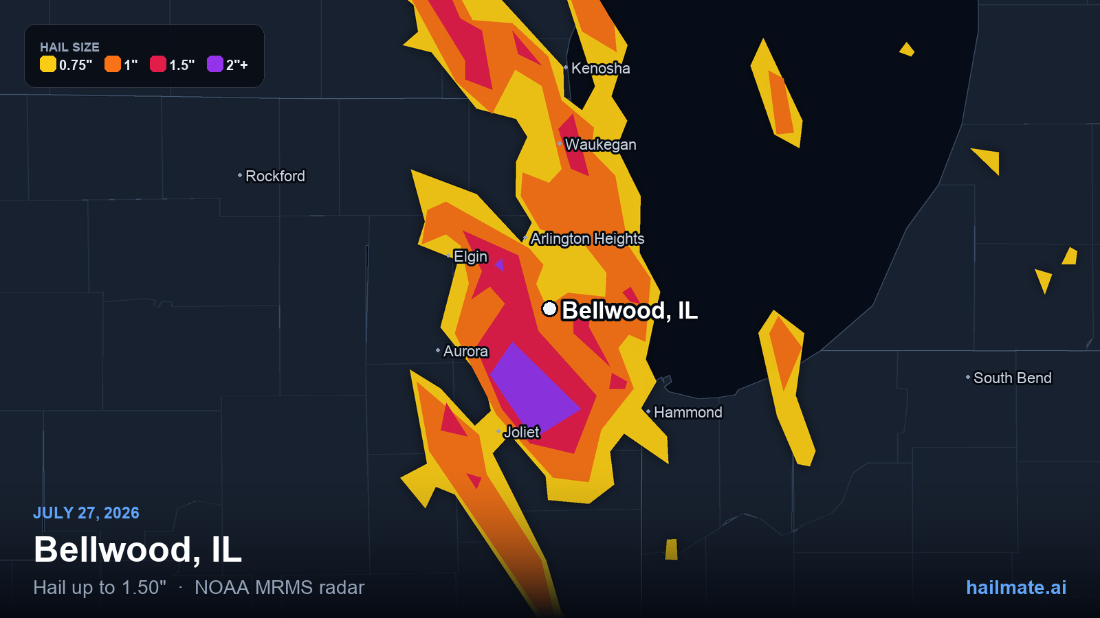 Hail swath map for Bellwood, IL on July 27, 2026 showing 1.50 inch hail.