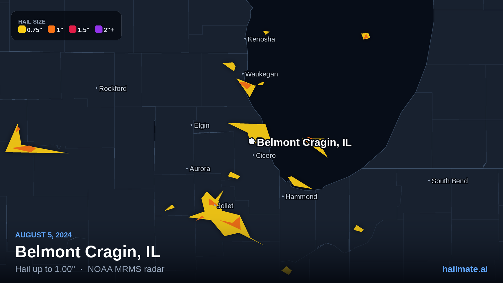 Hail swath map for Belmont Cragin, IL on August 5, 2024 showing 1.00 inch hail.