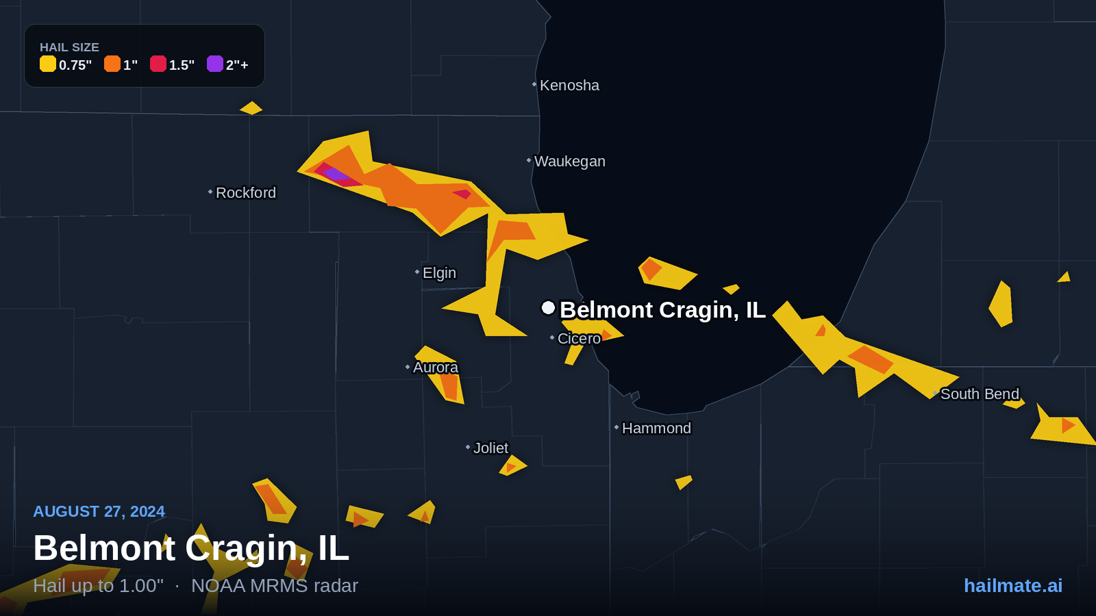 Hail swath map for Belmont Cragin, IL on August 27, 2024 showing 1.00 inch hail.