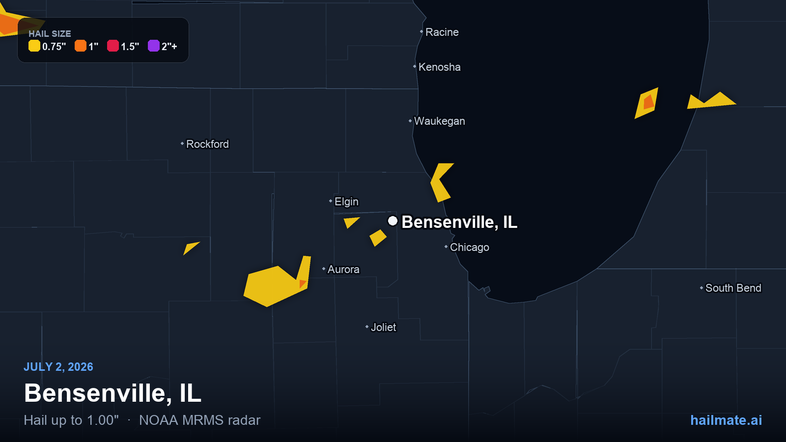 Hail swath map for Bensenville, IL on July 2, 2026 showing 1.00 inch hail.