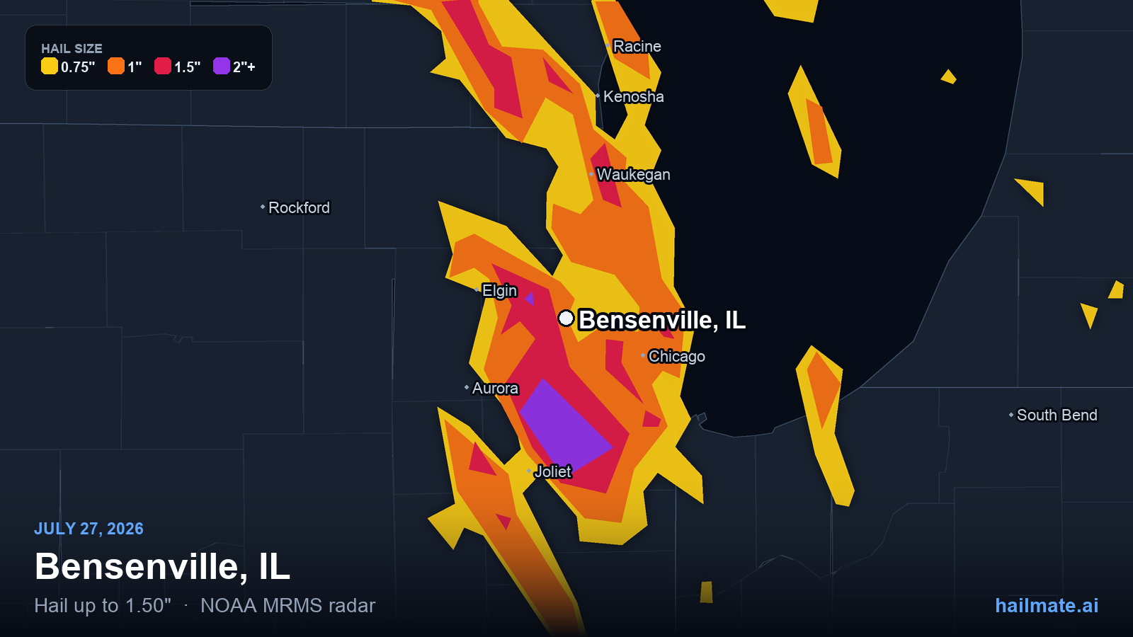 Hail swath map for Bensenville, IL on July 27, 2026 showing 1.50 inch hail.