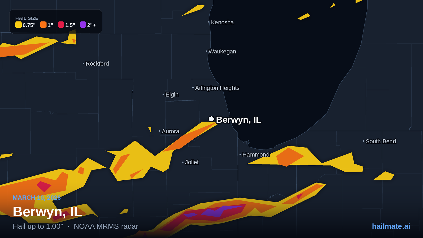 Hail swath map for Berwyn, IL on March 10, 2026 showing 1.00 inch hail.