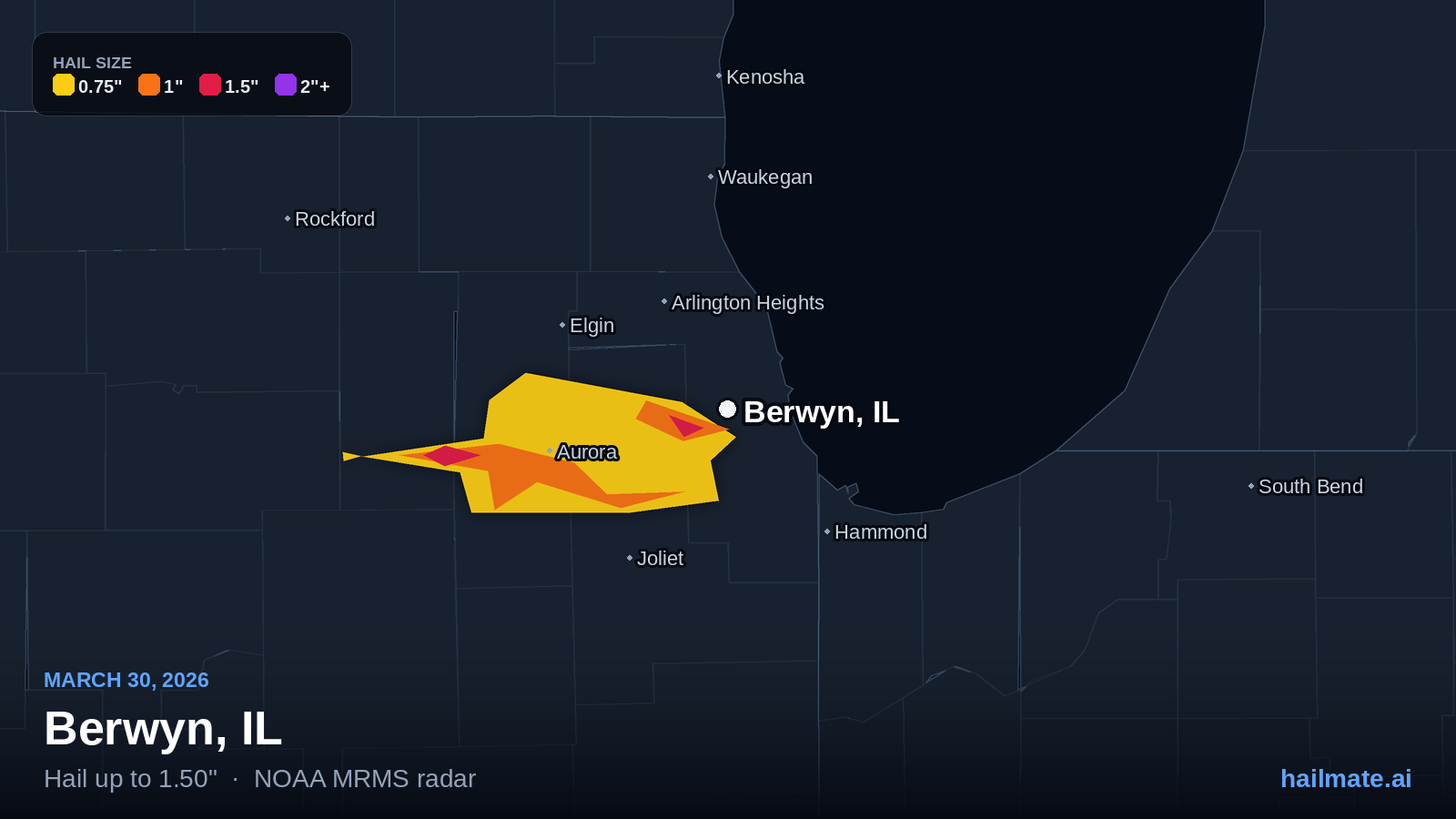 Hail swath map for Berwyn, IL on March 30, 2026 showing 1.50 inch hail.