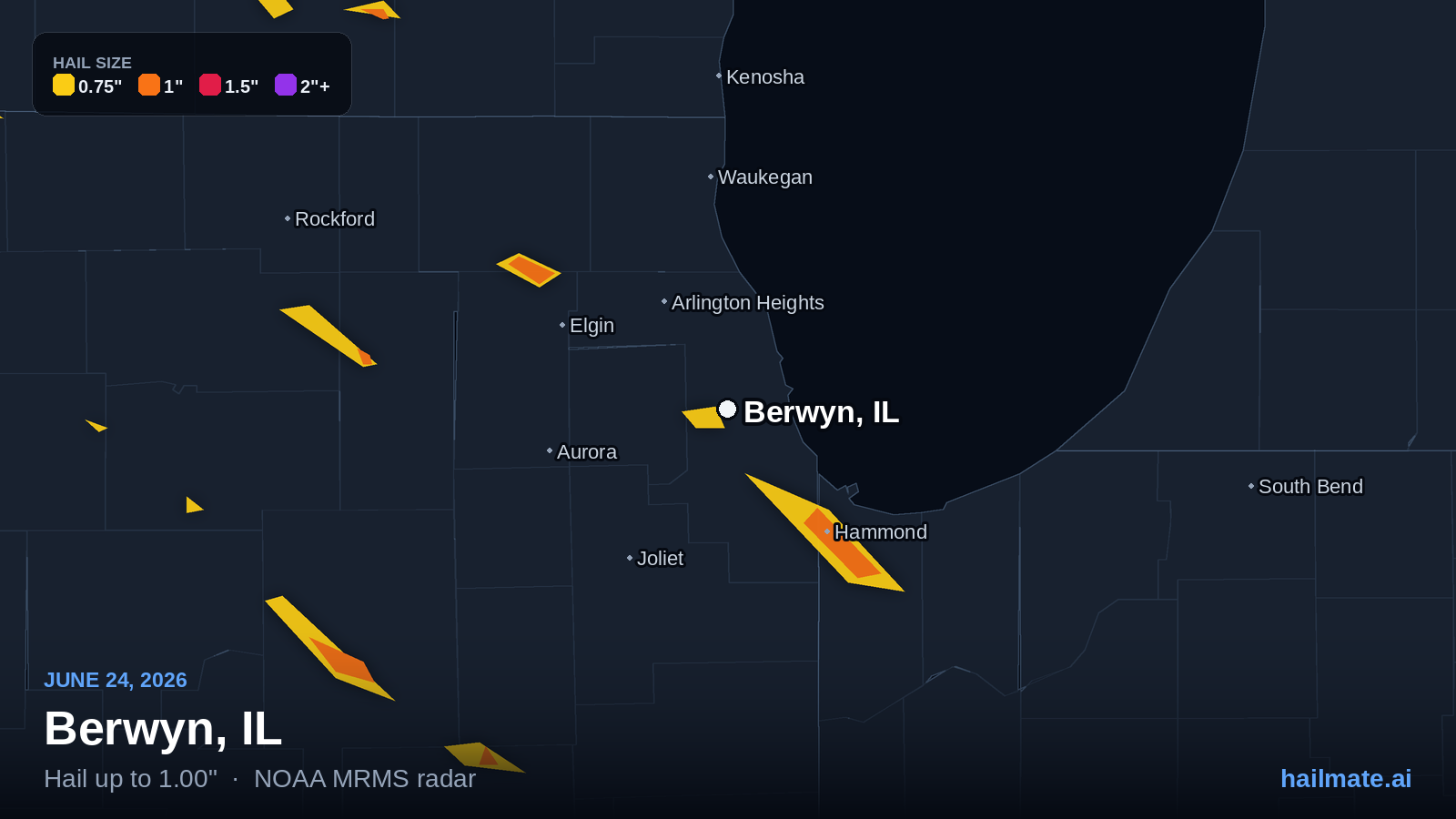 Hail swath map for Berwyn, IL on June 24, 2026 showing 1.00 inch hail.
