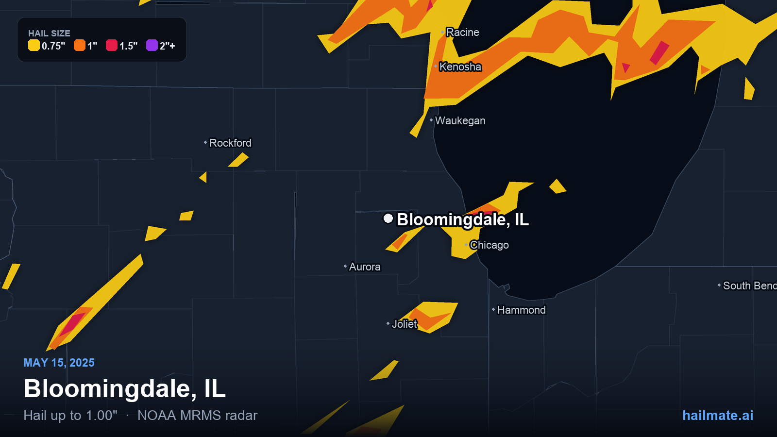 Hail swath map for Bloomingdale, IL on May 15, 2025 showing 1.00 inch hail.