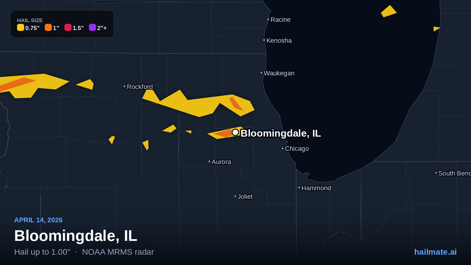 Hail swath map for Bloomingdale, IL on April 14, 2026 showing 1.00 inch hail.