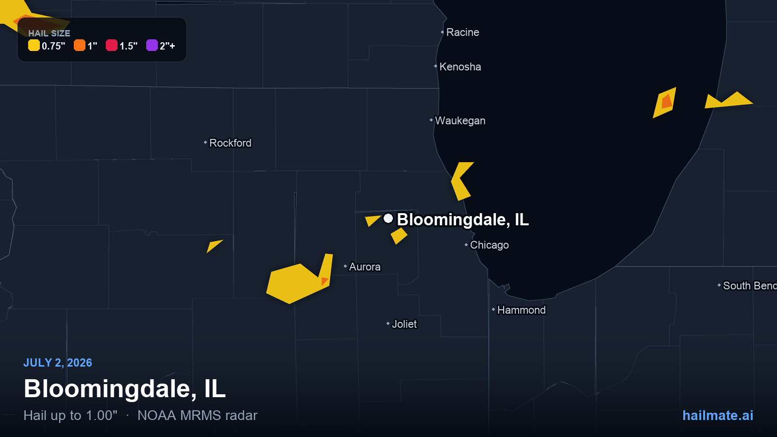 Hail swath map for Bloomingdale, IL on July 2, 2026 showing 1.00 inch hail.