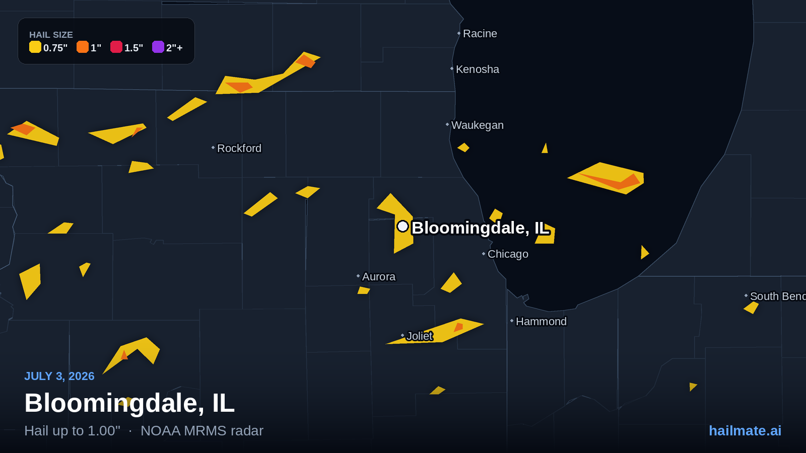 Hail swath map for Bloomingdale, IL on July 3, 2026 showing 1.00 inch hail.