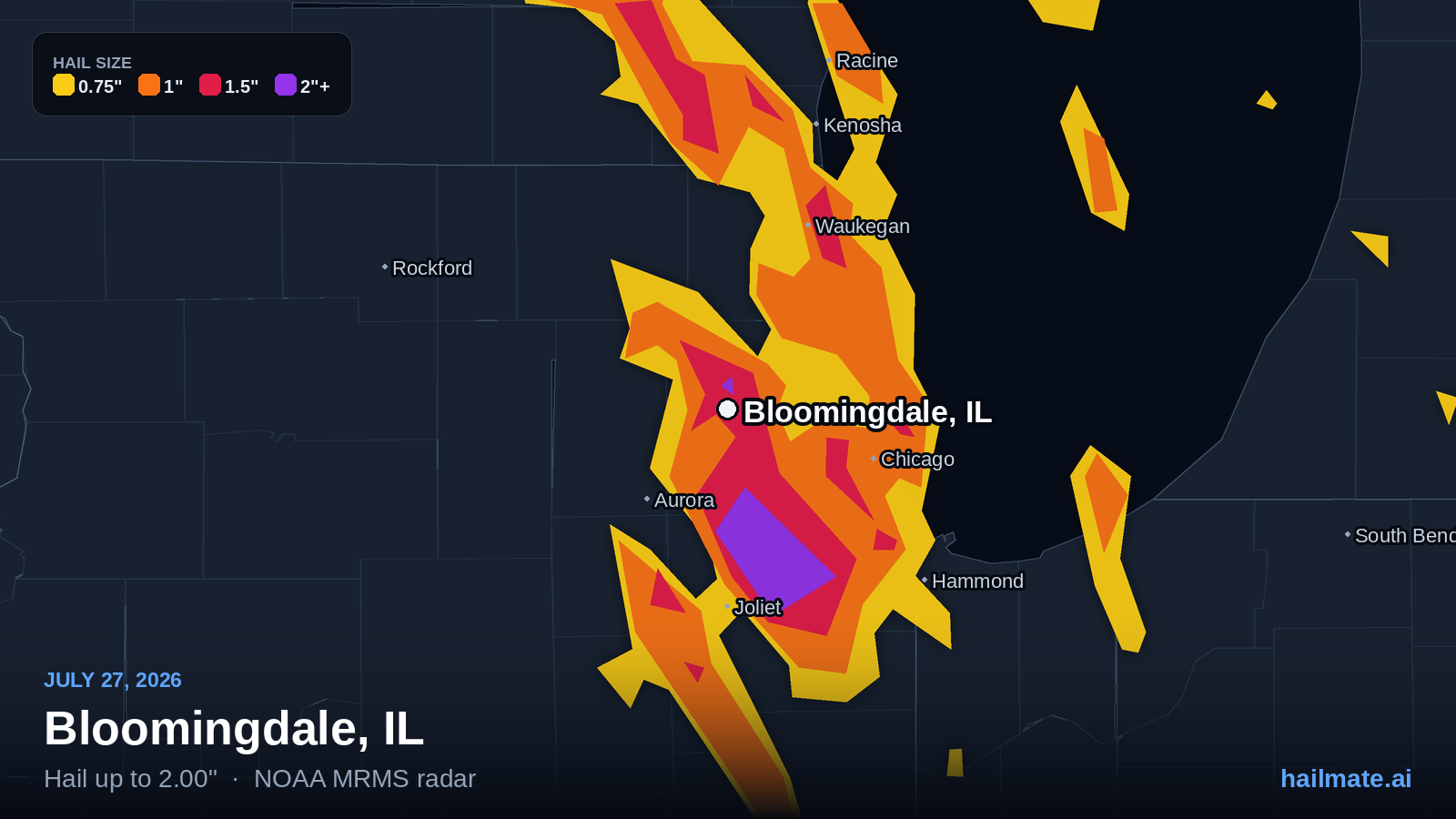 Hail swath map for Bloomingdale, IL on July 27, 2026 showing 2.00 inch hail.