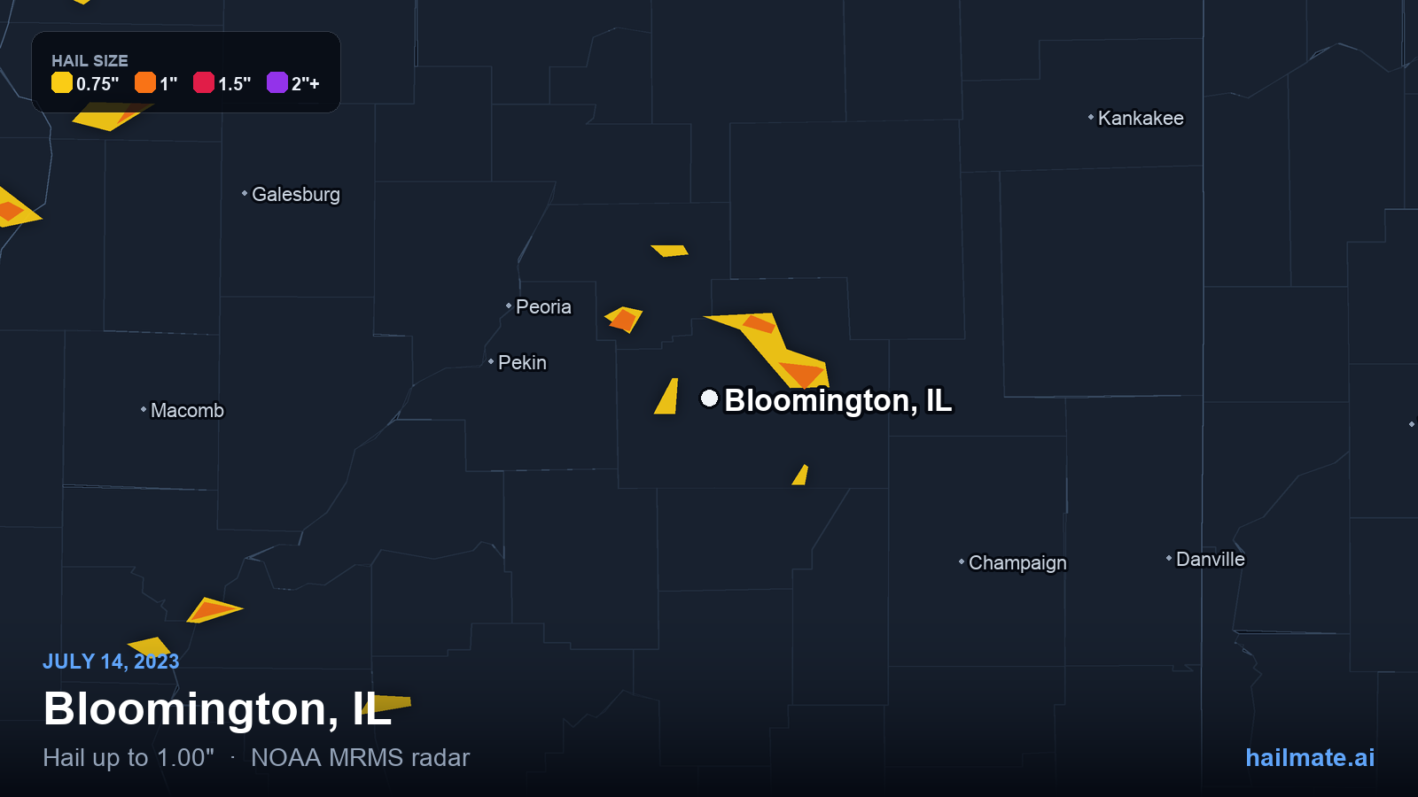 Hail swath map for Bloomington, IL on July 14, 2023 showing 1.00 inch hail.