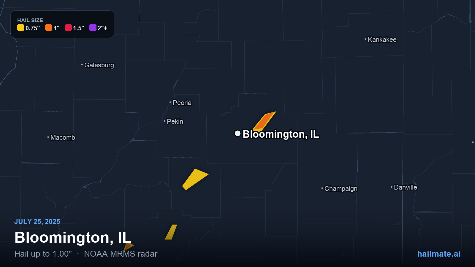 Hail swath map for Bloomington, IL on July 25, 2025 showing 1.00 inch hail.