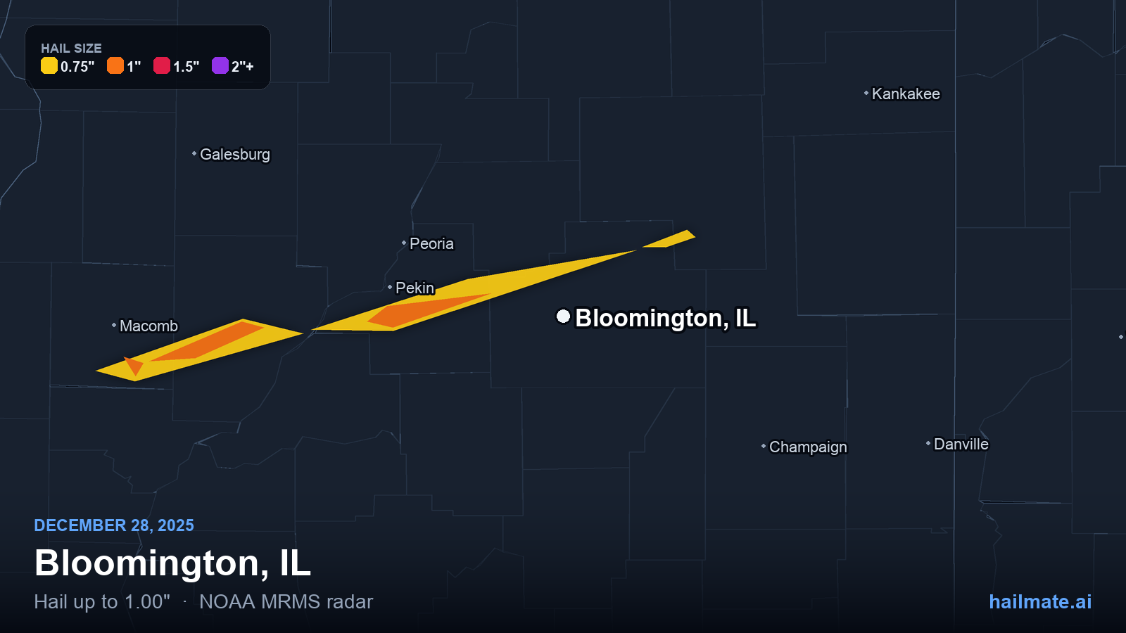Hail swath map for Bloomington, IL on December 28, 2025 showing 1.00 inch hail.