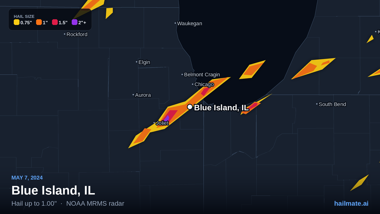 Hail swath map for Blue Island, IL on May 7, 2024 showing 1.00 inch hail.
