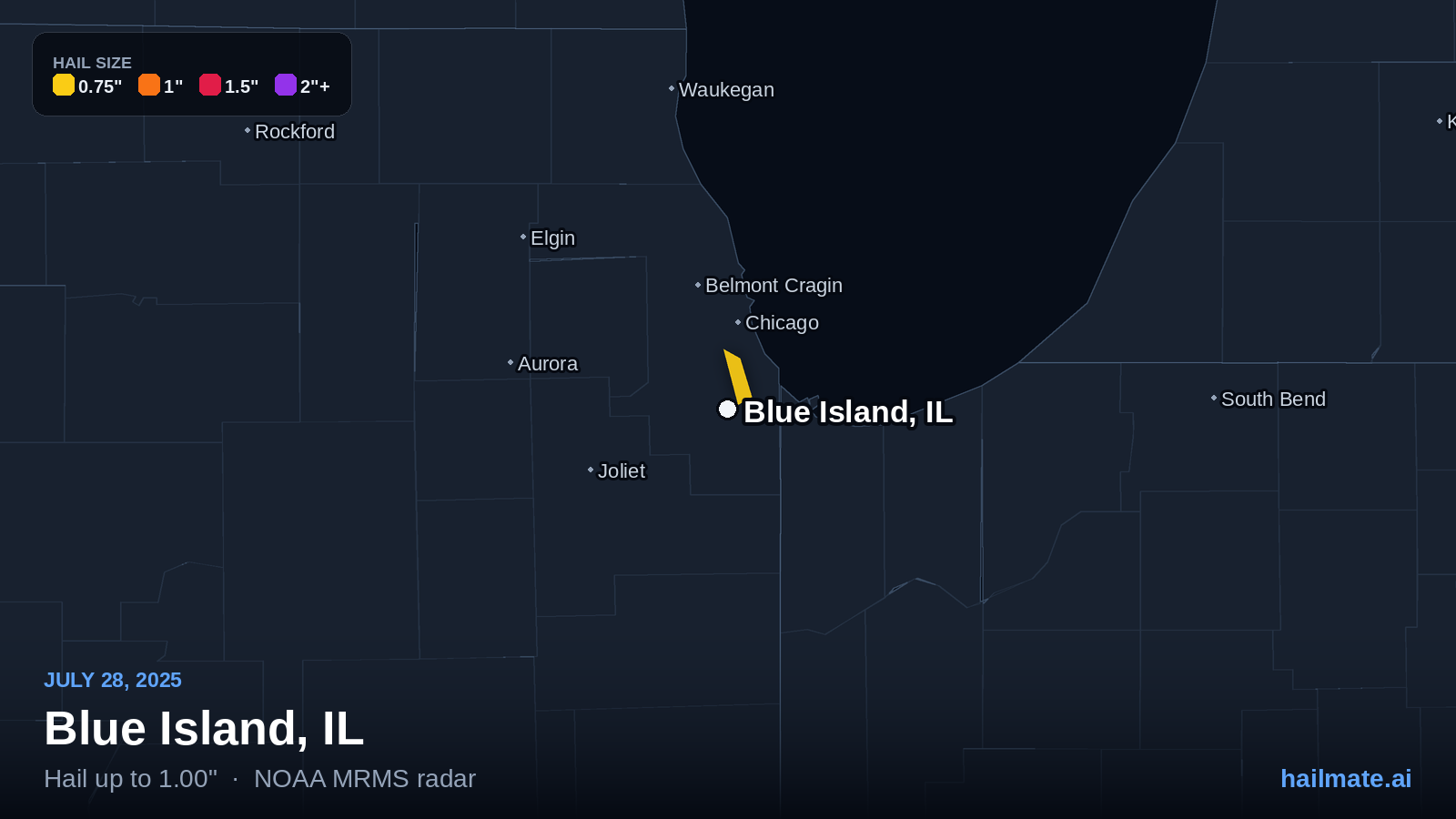 Hail swath map for Blue Island, IL on July 28, 2025 showing 1.00 inch hail.