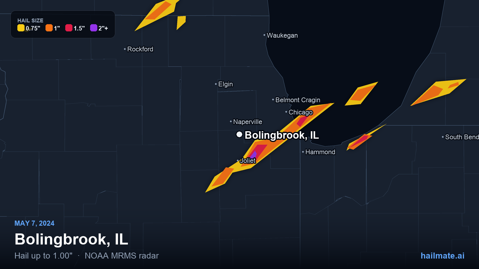 Hail swath map for Bolingbrook, IL on May 7, 2024 showing 1.00 inch hail.