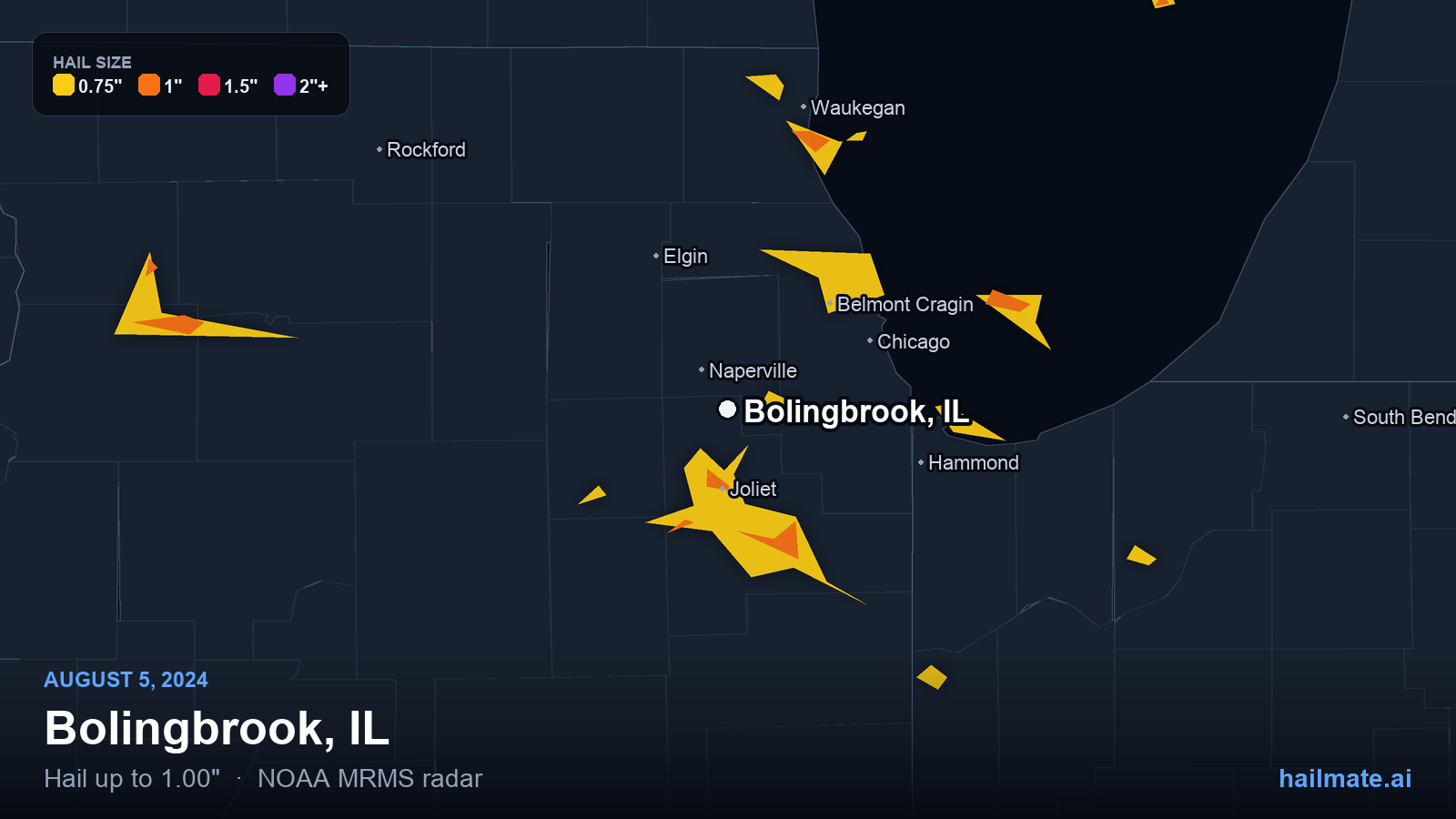 Hail swath map for Bolingbrook, IL on August 5, 2024 showing 1.00 inch hail.