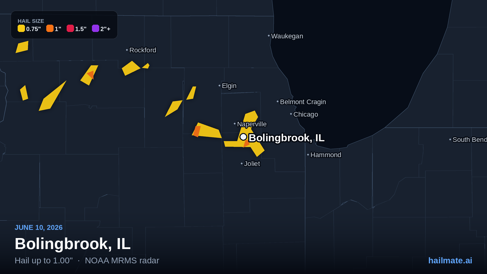 Hail swath map for Bolingbrook, IL on June 10, 2026 showing 1.00 inch hail.
